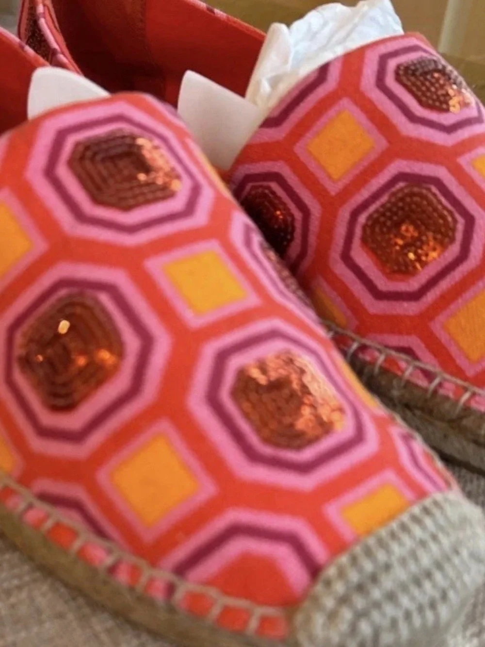 Tory Burch Coral and Pink Geometric Sequin Espadrille Slip-On